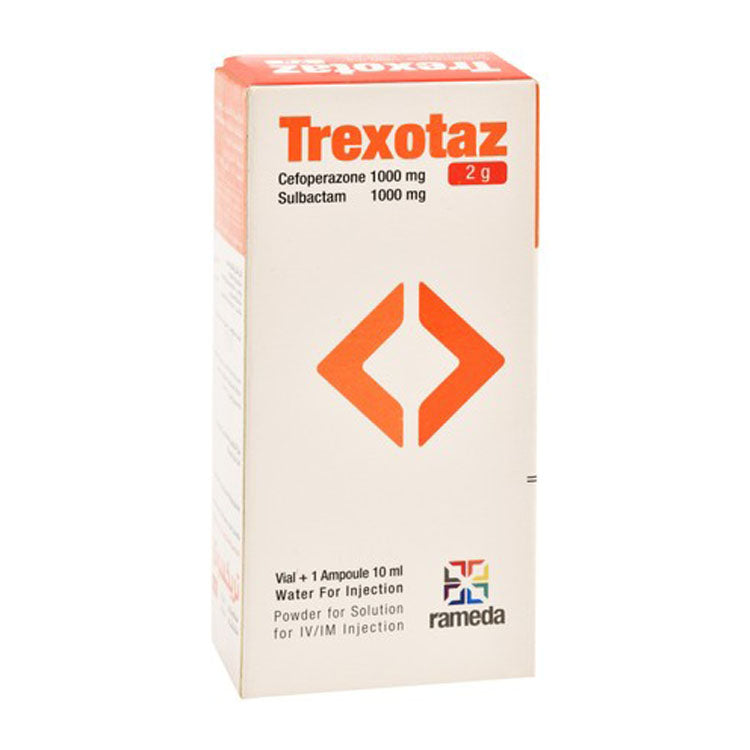Trexotaz 1000mg Cefoperazone & Sulbactam Powder Vial with Water Ampoule for Intravenous & Intramuscular Injections