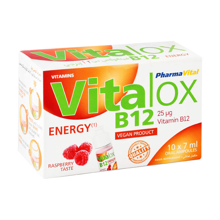 Vitalox 25mcg Vitamin B12 Energy Booster Liquid Supplement Ampoules Raspberry Flavor - vegan, gluten free