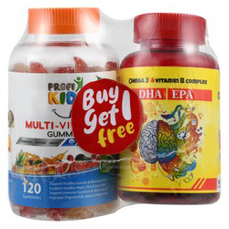 Profi Kids Multivitamin Gummy Supplements Fruit Flavor (120pcs) & Cervello Kids 500mg Omega 3 Fish Oil Brain & Immune Support Gummy Supplements Chocolate Flavor with Vitamin B Complex (60pcs) (1+1 Free)