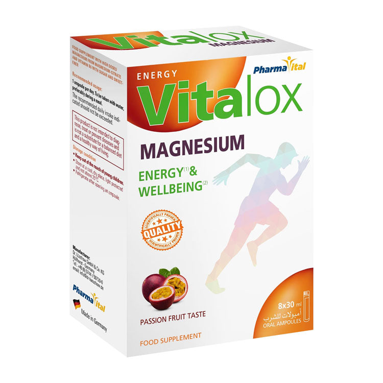 Vitalox 300mg Magnesium Energy & Wellbeing Support Oral Supplement Ampoules Passion Fruit Flavor