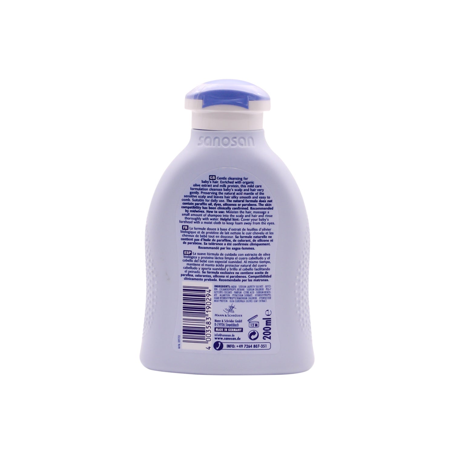 Sanosan Hypoallergenic Shampoo with Organic Olive Extract & Milk Protein for Fine Baby Hair - parabens free, silicones & paraffin oil free