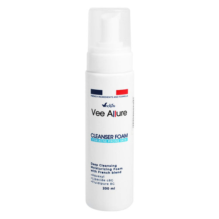 Veexia Vee Allure Deep Cleansing & Moisturizing Facial Foam with Aquxyl, Lipacide C8G & Fluidipure 8G for Acne Prone Skin